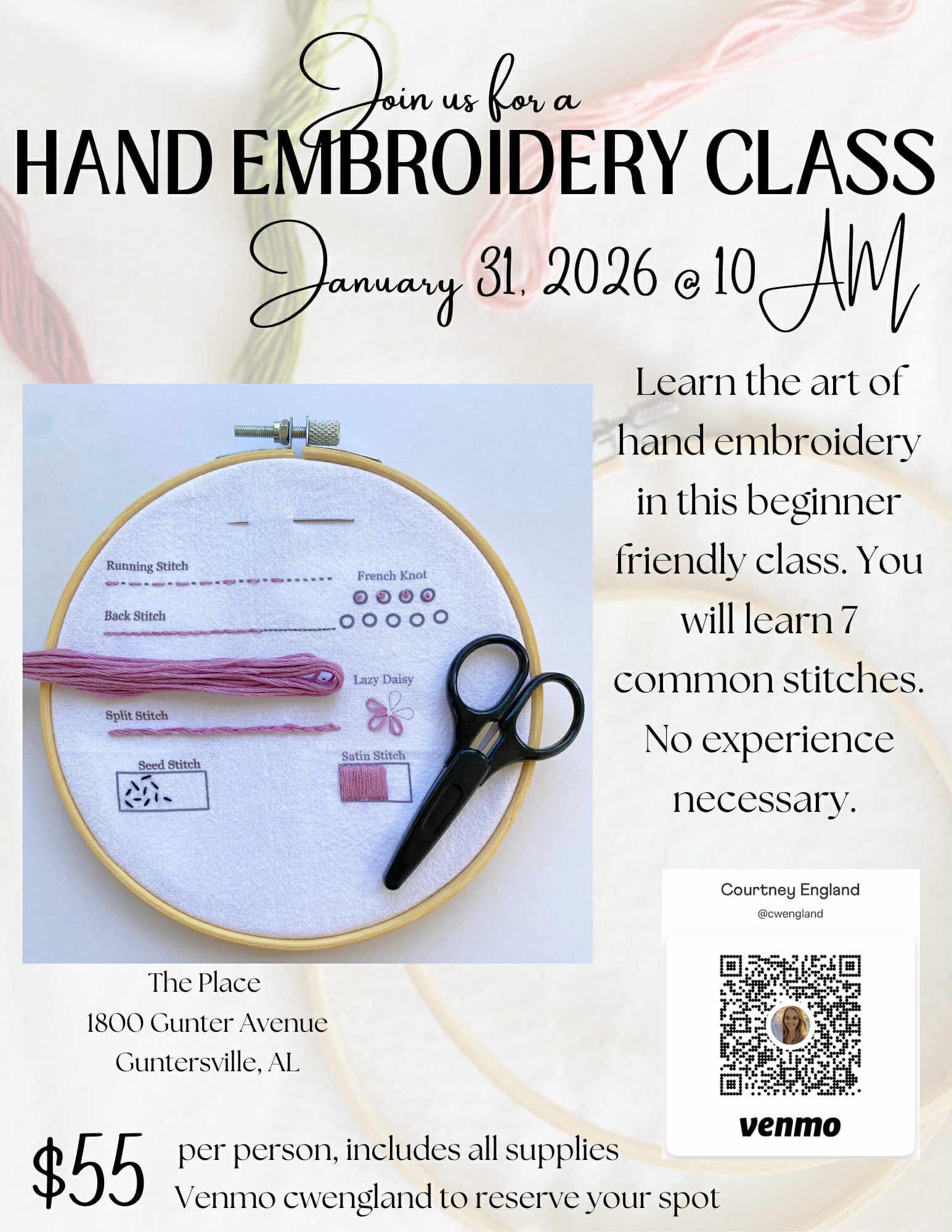 Event: Hand Embroidery Class - The Place in Guntersville